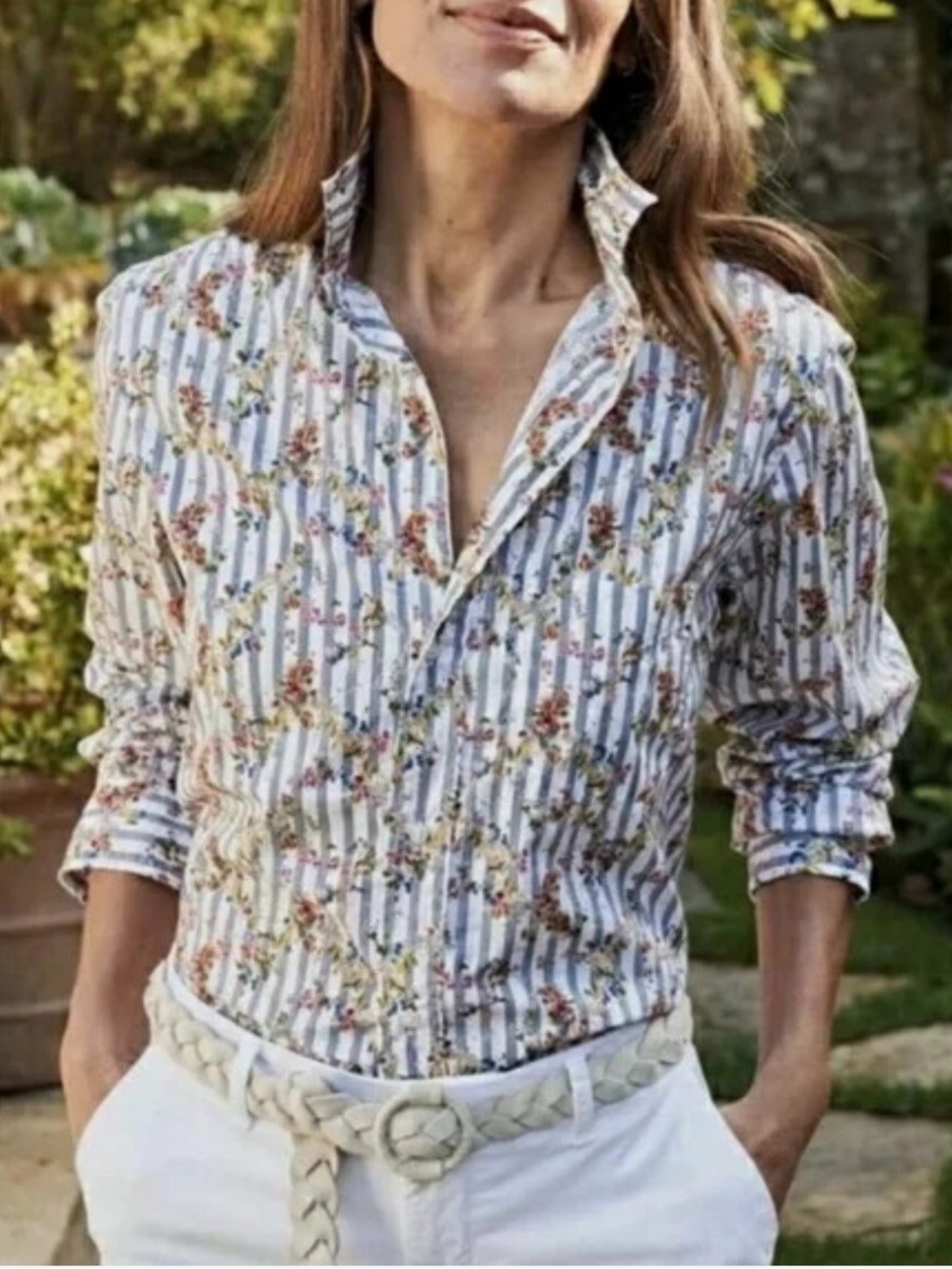 Frank & Eileen Light Blue and White Striped Floral Button-Down Shirt